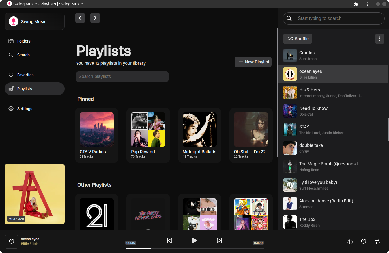 Image showing the Swing Music playlists page